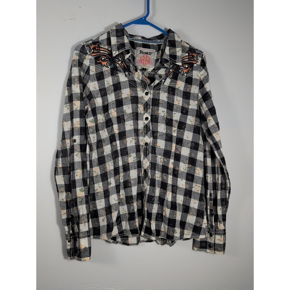 Roar Womens Western Shirt Size L‎ Black And White Floral.mbroidered  Rhinestones